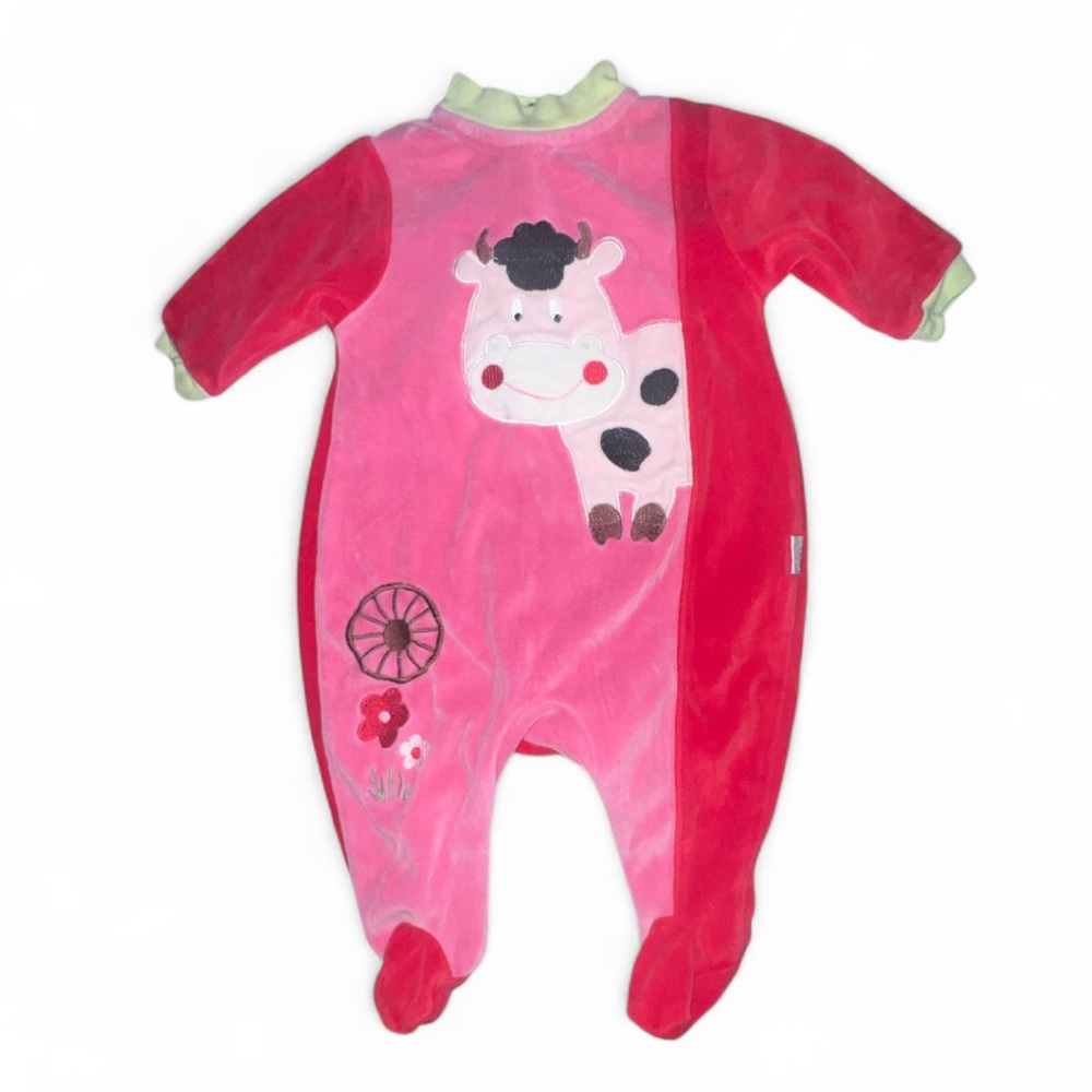 Adorable Pink and Red Kids Footie with Cow Design